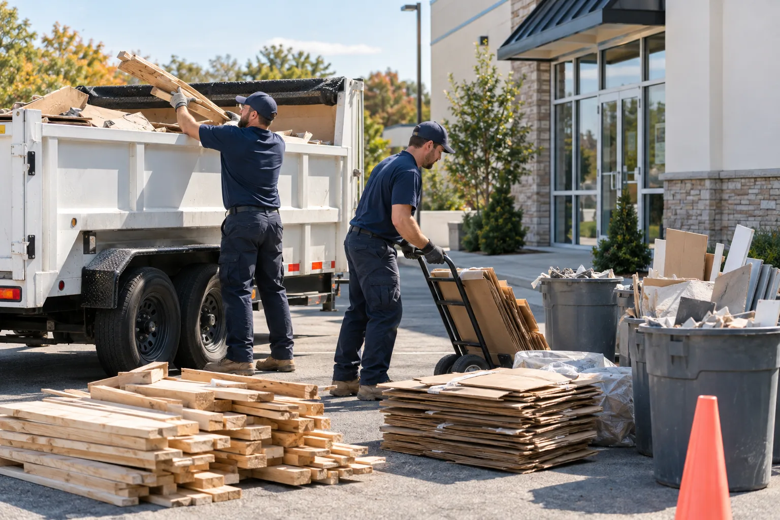 Crew sorting light construction debris beside a commercial property
