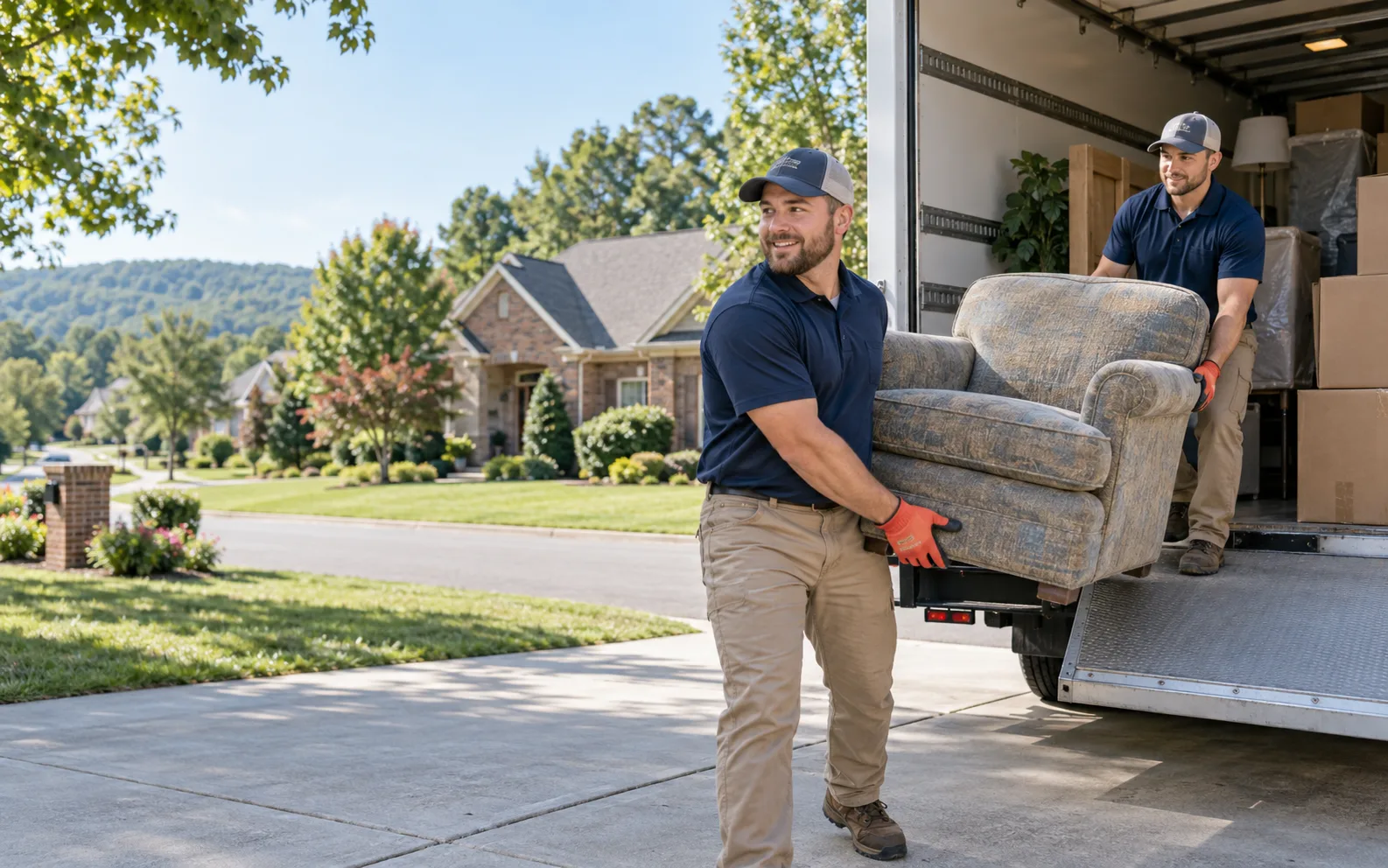 Professional crew loading an armchair into a truck outside a North Alabama home