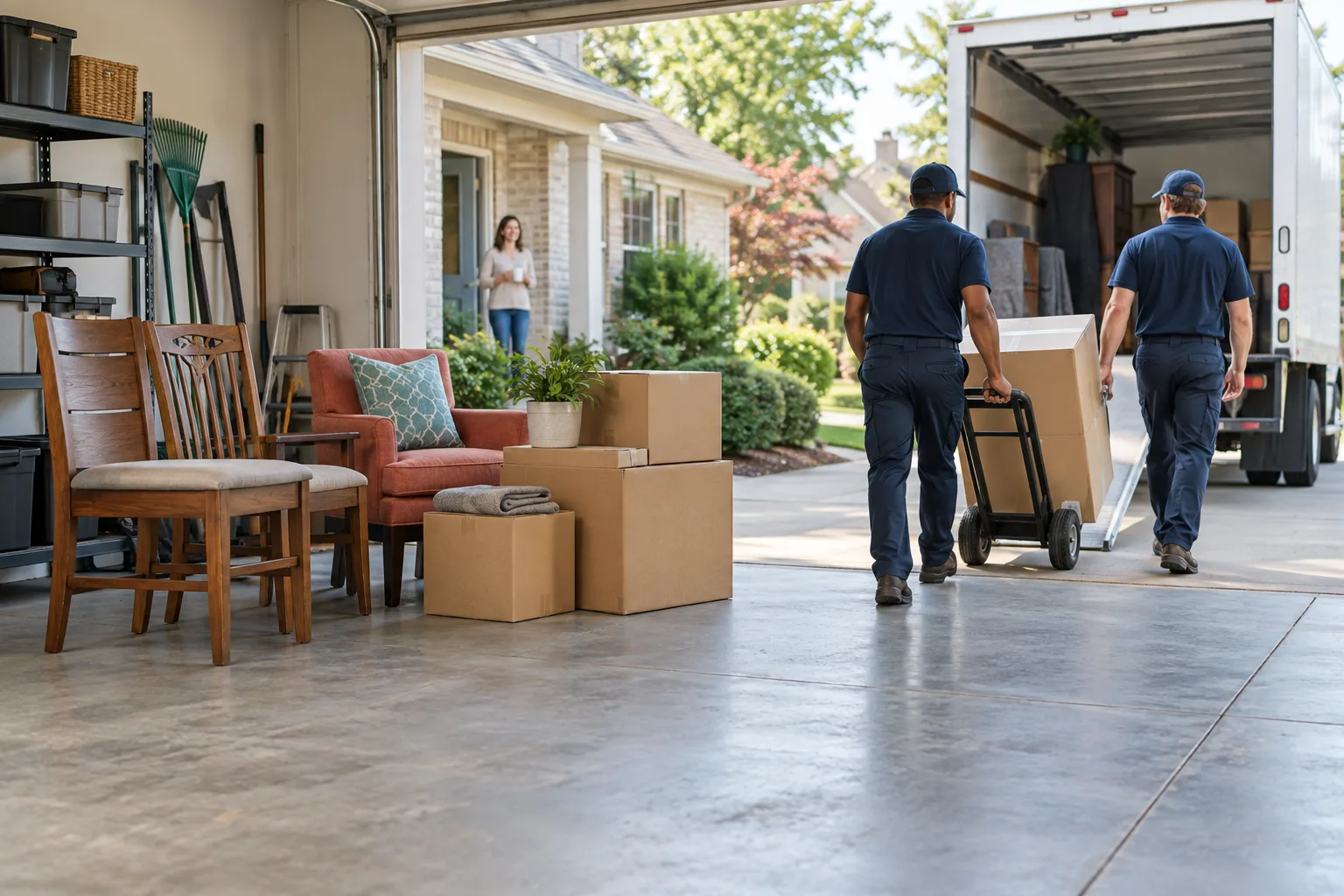 Organized garage cleanout with a crew moving boxed items