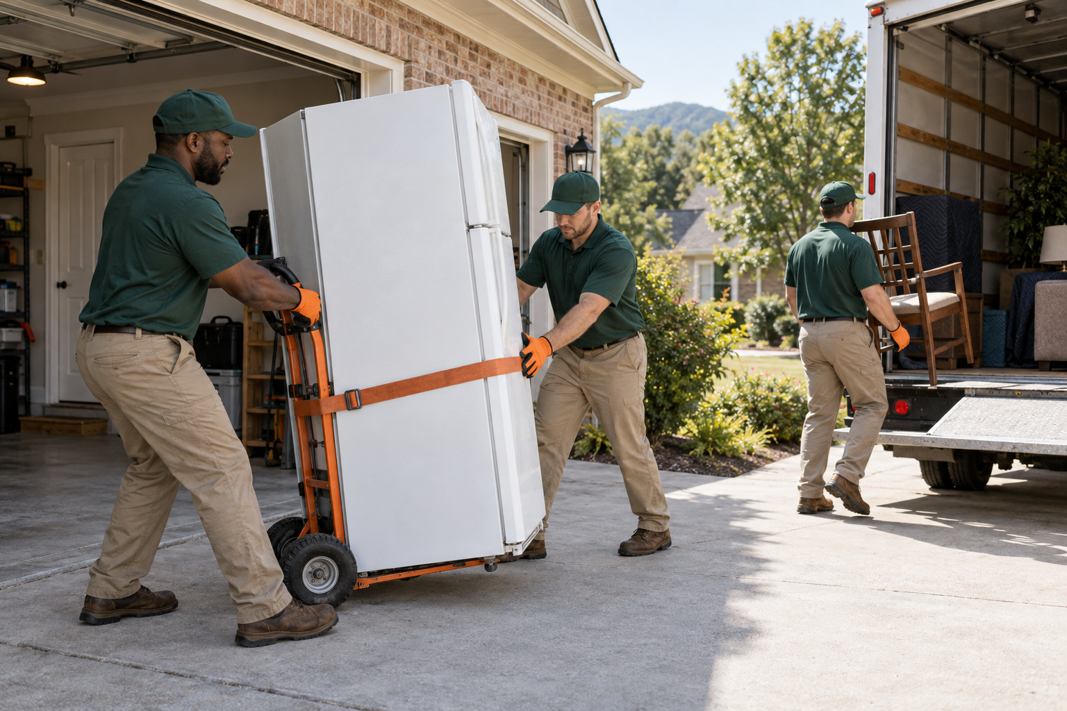Removal crew securing a refrigerator on an appliance dolly while loading furniture into a truck