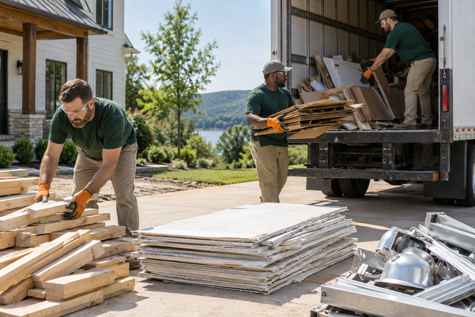 Crew loading separated lumber, drywall, cardboard, and metal renovation debris into a truck