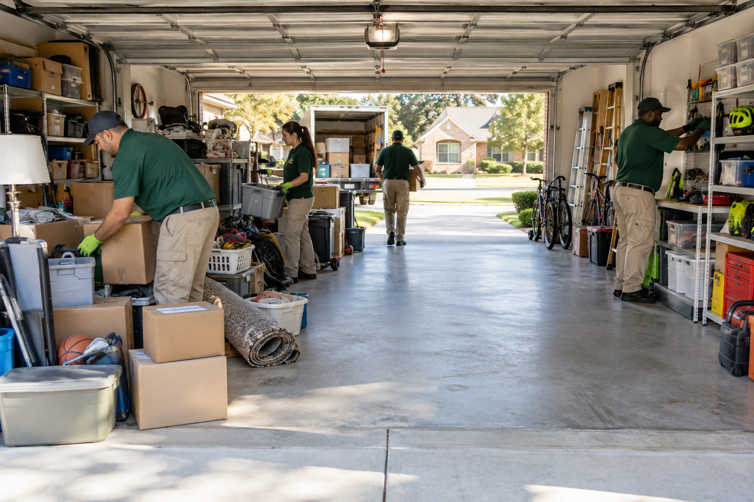 Garage cleanout crew sorting household storage while clearing space for parking
