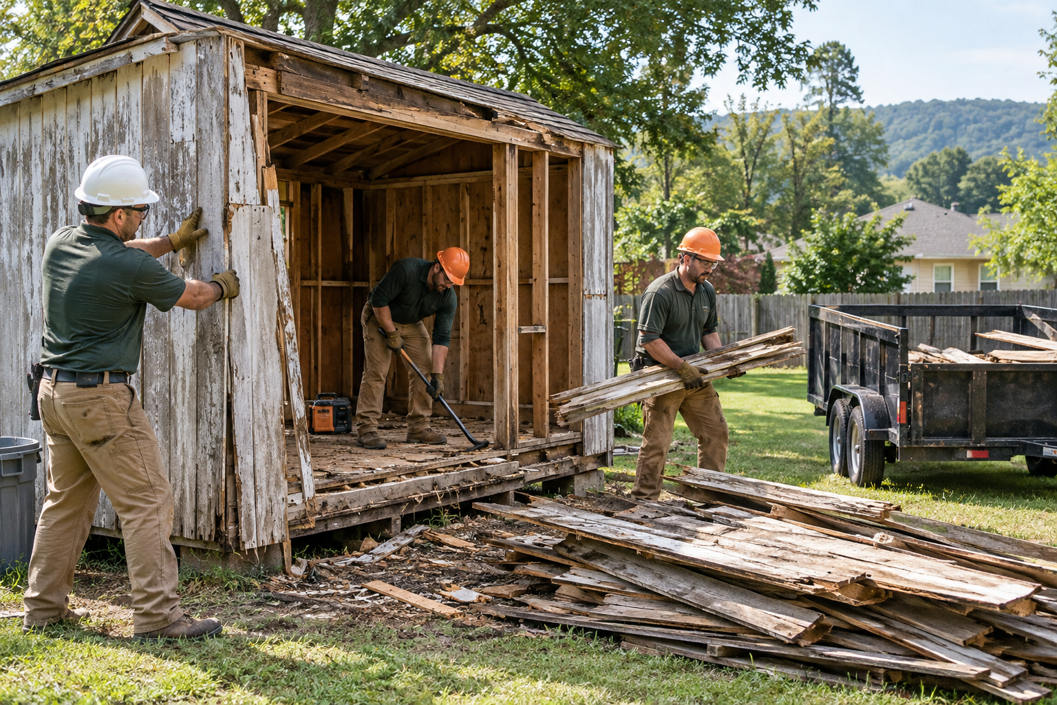 Safety-equipped crew carefully dismantling a small backyard shed and stacking the wood for hauling